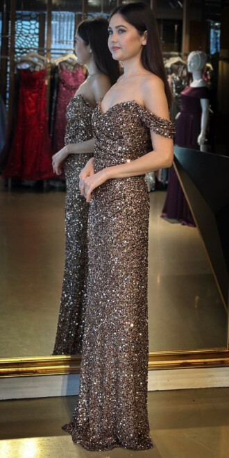 Bakır Madonna Yaka Düz Kesim Payet Uzun Abiye Elbise 11085 - 2