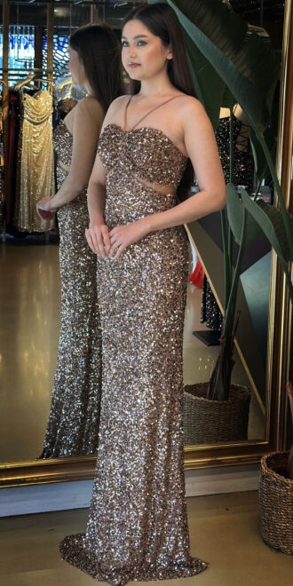 Bakır Renk İp Askılı Düz Kesim Payet Uzun Abiye Elbise 7702 - 3