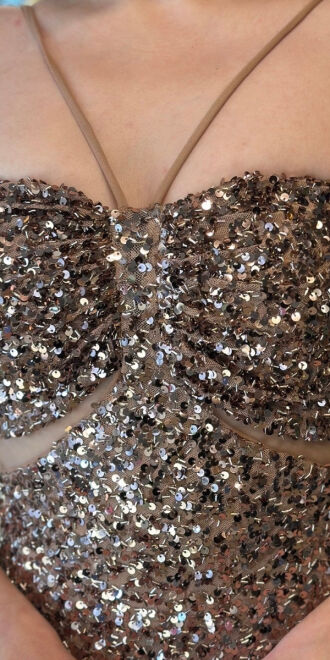 Bakır Renk İp Askılı Düz Kesim Payet Uzun Abiye Elbise 7702 - 4