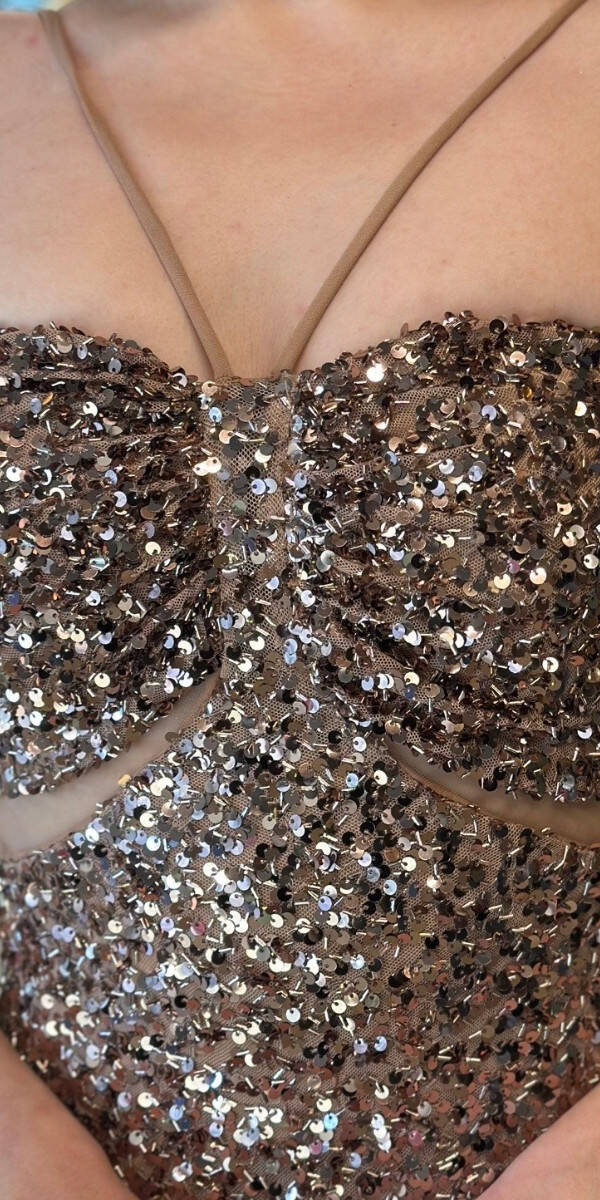 Bakır Renk İp Askılı Düz Kesim Payet Uzun Abiye Elbise 7702 - 4