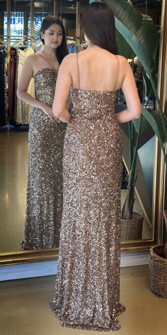 Bakır Renk İp Askılı Düz Kesim Payet Uzun Abiye Elbise 7702 - 5