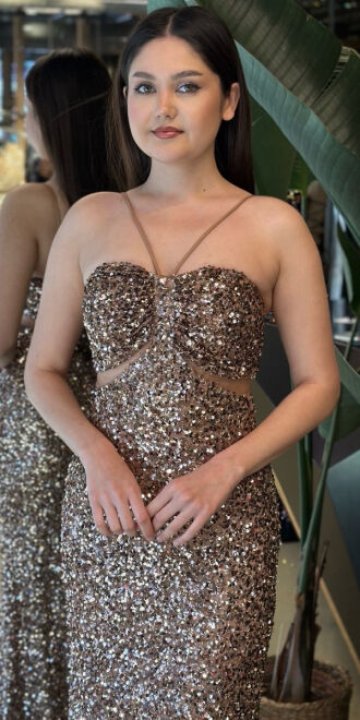 Bakır Renk İp Askılı Düz Kesim Payet Uzun Abiye Elbise 7702 - 2