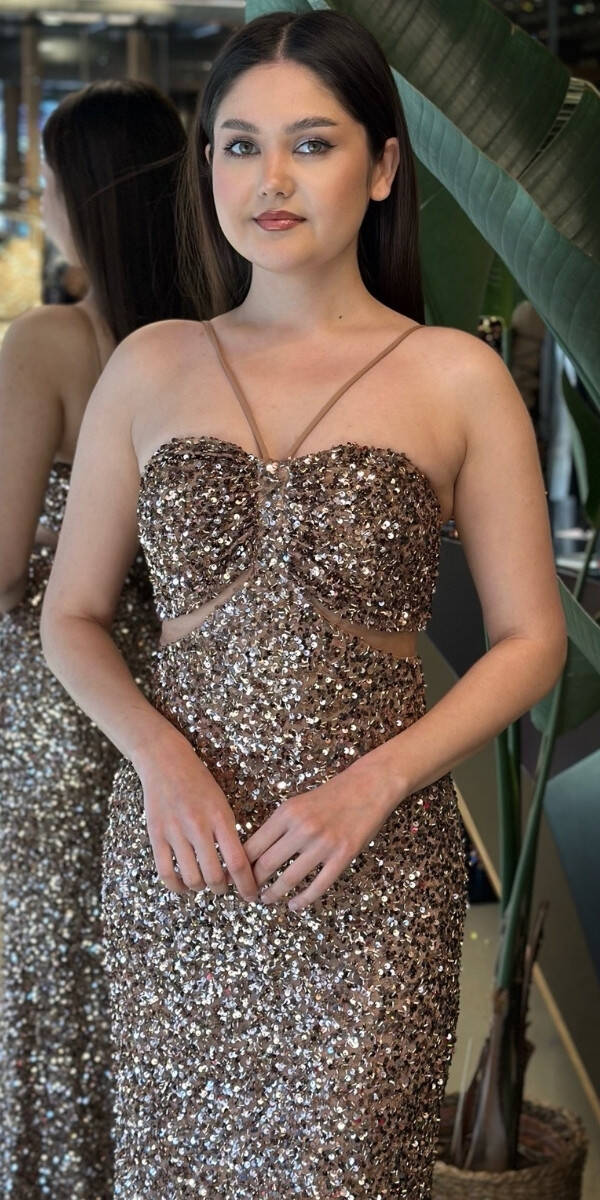 Bakır Renk İp Askılı Düz Kesim Payet Uzun Abiye Elbise 7702 - 2