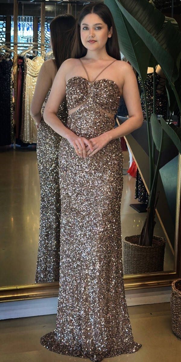 Bakır Renk İp Askılı Düz Kesim Payet Uzun Abiye Elbise 7702 - 1