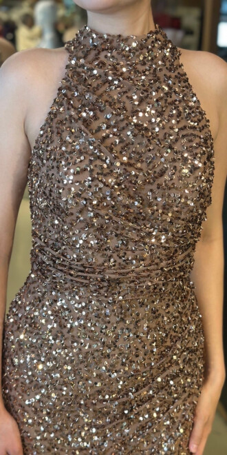 Bakır Stefanel Yaka Yırtmaçlı Düz Kesim Payet Uzun Abiye Elbise 7781 - 4