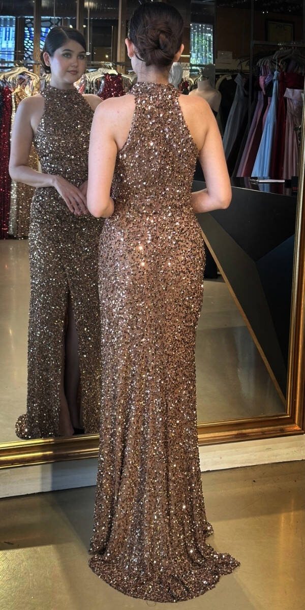 Bakır Stefanel Yaka Yırtmaçlı Düz Kesim Payet Uzun Abiye Elbise 7781 - 5