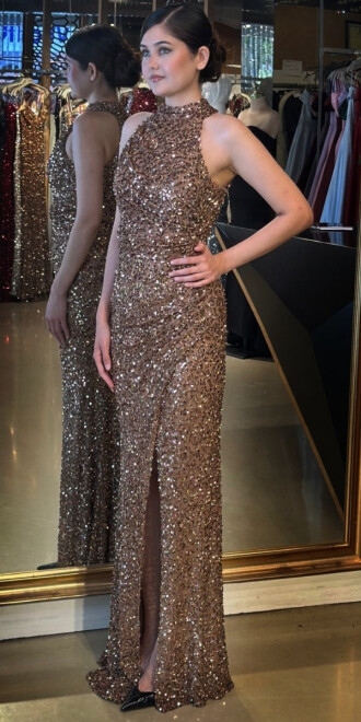 Bakır Stefanel Yaka Yırtmaçlı Düz Kesim Payet Uzun Abiye Elbise 7781 - 2