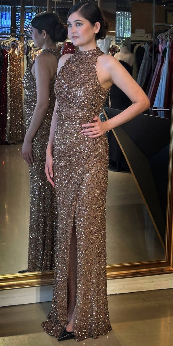 Bakır Stefanel Yaka Yırtmaçlı Düz Kesim Payet Uzun Abiye Elbise 7781 - 2