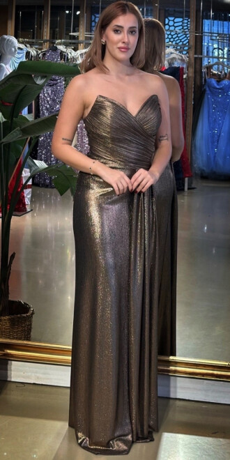 Bakır Straplez Yaka Göğüs Dekolteli Düz Kesim Likralı Uzun Abiye Elbise 11083 - abiyeniall