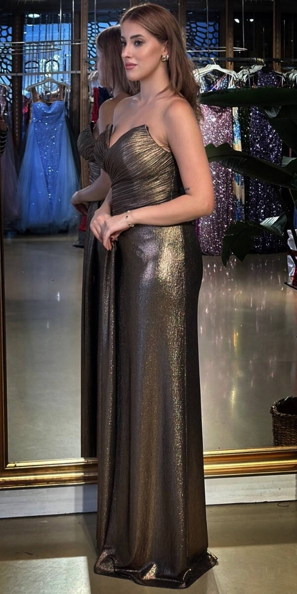 Bakır Straplez Yaka Göğüs Dekolteli Düz Kesim Likralı Uzun Abiye Elbise 11083 - 2