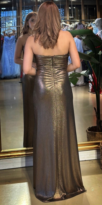 Bakır Straplez Yaka Göğüs Dekolteli Düz Kesim Likralı Uzun Abiye Elbise 11083 - 5