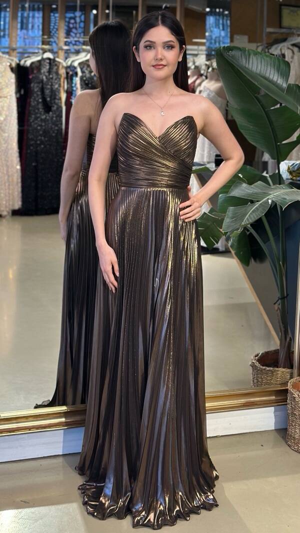 Bakır Straplez Yaka Kloş Etekli Parlak Kumaş Uzun Abiye Elbise 11183-02 - 1