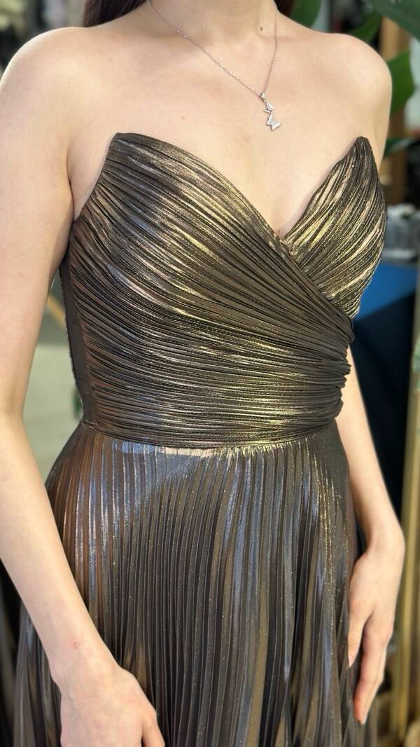 Bakır Straplez Yaka Kloş Etekli Parlak Kumaş Uzun Abiye Elbise 11183-02 - 4