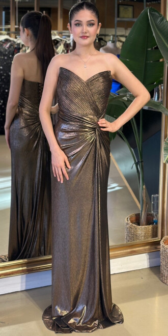 Bakır Straplez Yaka Sırt Dekolteli Düz Kesim Parlak Kumaş Uzun Abiye Elbise 11173-01 - abiyeniall