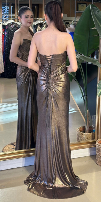 Bakır Straplez Yaka Sırt Dekolteli Düz Kesim Parlak Kumaş Uzun Abiye Elbise 11173-01 - 5