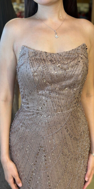 Bakır Straplez Yaka Sırt Dekolteli Düz Kesim Pullu Boncuklu Uzun Abiye Elbise 7778 - 4