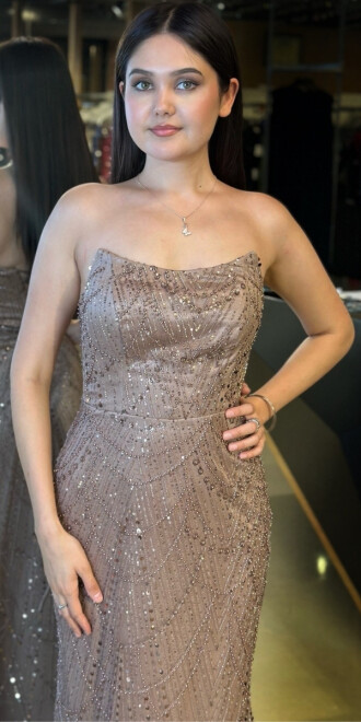 Bakır Straplez Yaka Sırt Dekolteli Düz Kesim Pullu Boncuklu Uzun Abiye Elbise 7778 - 3