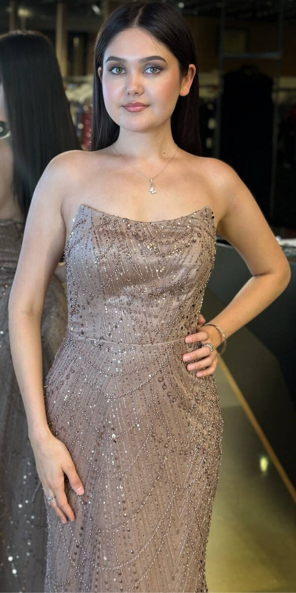 Bakır Straplez Yaka Sırt Dekolteli Düz Kesim Pullu Boncuklu Uzun Abiye Elbise 7778 - 3