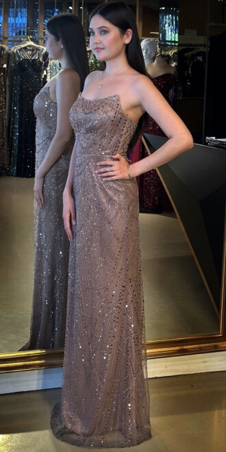 Bakır Straplez Yaka Sırt Dekolteli Düz Kesim Pullu Boncuklu Uzun Abiye Elbise 7778 - 2