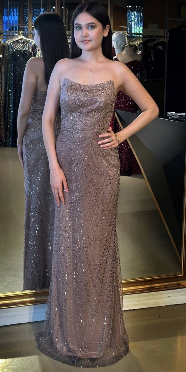 Bakır Straplez Yaka Sırt Dekolteli Düz Kesim Pullu Boncuklu Uzun Abiye Elbise 7778 - 1