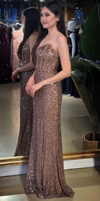 Bakır Straplez Yaka Sırt Dekolteli Yırtmaçlı Düz Kesim Payet Uzun Abiye Elbise 11093-04 - 2