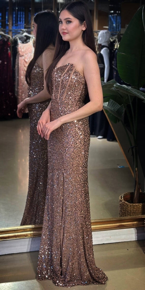 Bakır Straplez Yaka Sırt Dekolteli Yırtmaçlı Düz Kesim Payet Uzun Abiye Elbise 11093-04 - 2