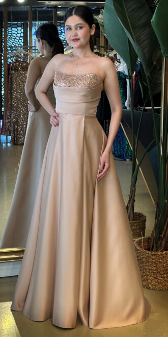 Bakır Taş Detaylı Sırt Dekolteli Yırtmaçlı Kloş Etekli Saten Uzun Abiye Elbise 7733 