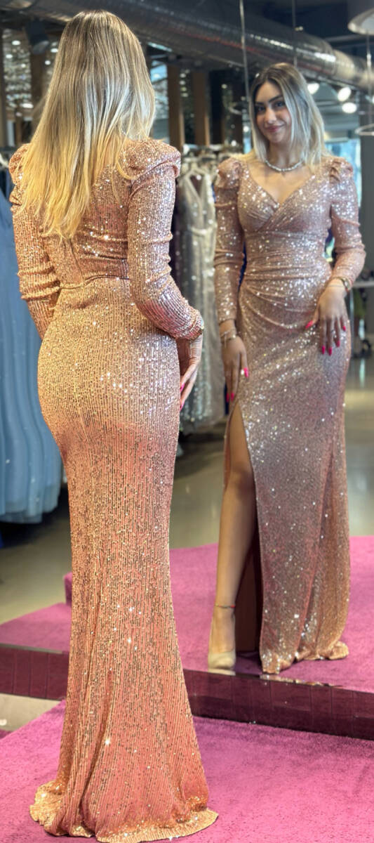 Bakır Uzun Kollu Yırtmaçlı Düz Kesim Payet Uzun Abiye Elbise 7321 - 5