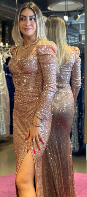 Bakır Uzun Kollu Yırtmaçlı Düz Kesim Payet Uzun Abiye Elbise 7321 - 3