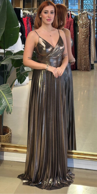 Bakır V Yaka İp Askılı Kloş Etekli Parlak Kumaş Uzun Abiye Elbise 11143-01 - abiyeniall