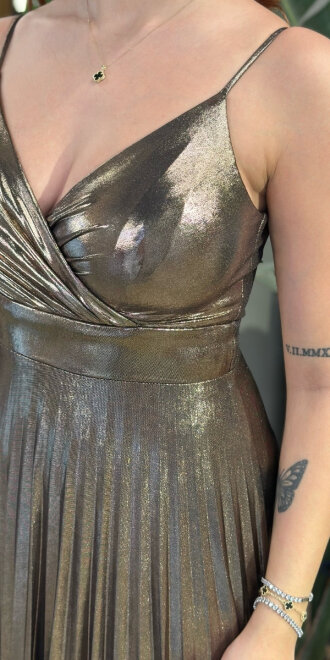 Bakır V Yaka İp Askılı Kloş Etekli Parlak Kumaş Uzun Abiye Elbise 11143-01 - 4