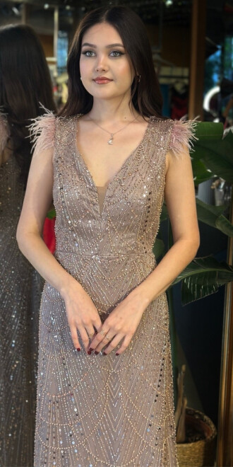 Bakır V Yaka Kalın Askı Tuy Detaylı Düz Kesim Pullu Boncuklu Uzun Abiye Elbise 11052-04 - 3