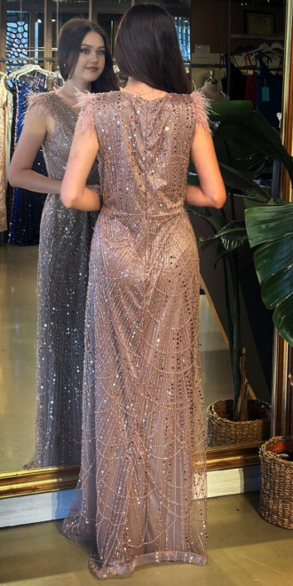 Bakır V Yaka Kalın Askı Tuy Detaylı Düz Kesim Pullu Boncuklu Uzun Abiye Elbise 11052-04 - 5