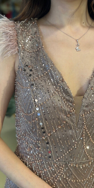 Bakır V Yaka Kalın Askı Tuy Detaylı Düz Kesim Pullu Boncuklu Uzun Abiye Elbise 11052-04 - 4