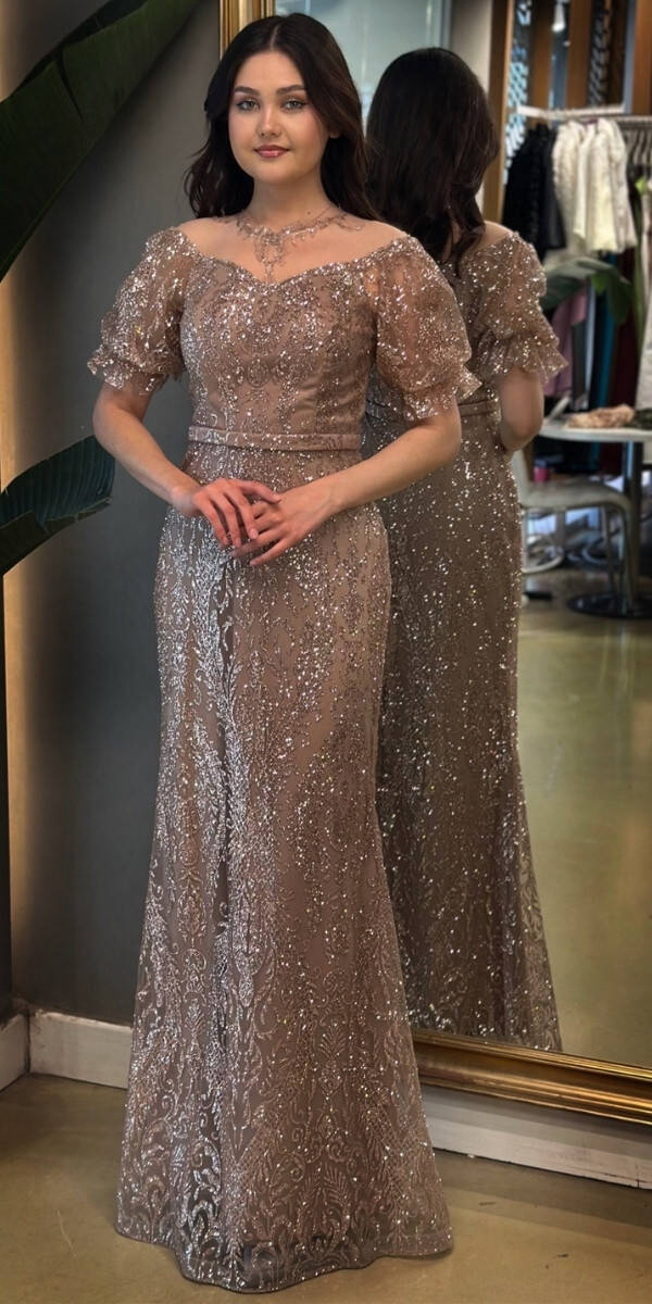 Bej Balon Kollu Dantel Detaylı Düz Kesim Simli Uzun Abiye Elbise 7278 - 1