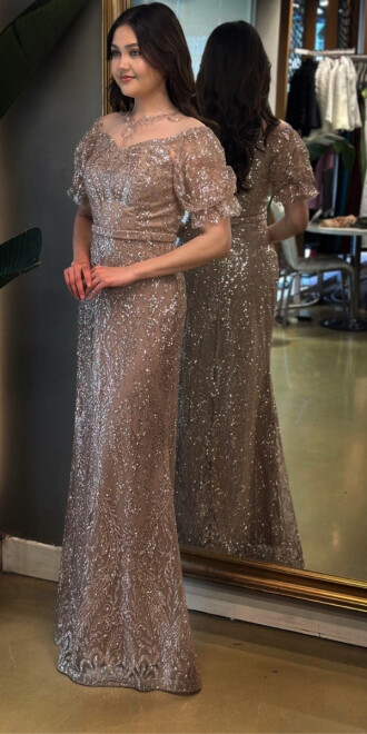 Bej Balon Kollu Dantel Detaylı Düz Kesim Simli Uzun Abiye Elbise 7278 - 2