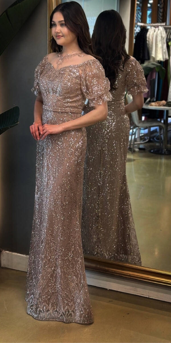 Bej Balon Kollu Dantel Detaylı Düz Kesim Simli Uzun Abiye Elbise 7278 - 2