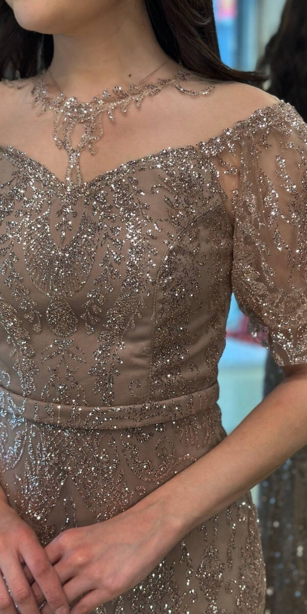 Bej Balon Kollu Dantel Detaylı Düz Kesim Simli Uzun Abiye Elbise 7278 - 3