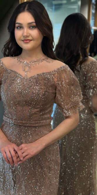 Bej Balon Kollu Dantel Detaylı Düz Kesim Simli Uzun Abiye Elbise 7278 - 4