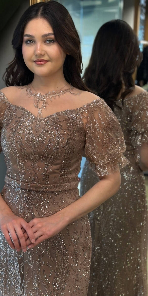 Bej Balon Kollu Dantel Detaylı Düz Kesim Simli Uzun Abiye Elbise 7278 - 4