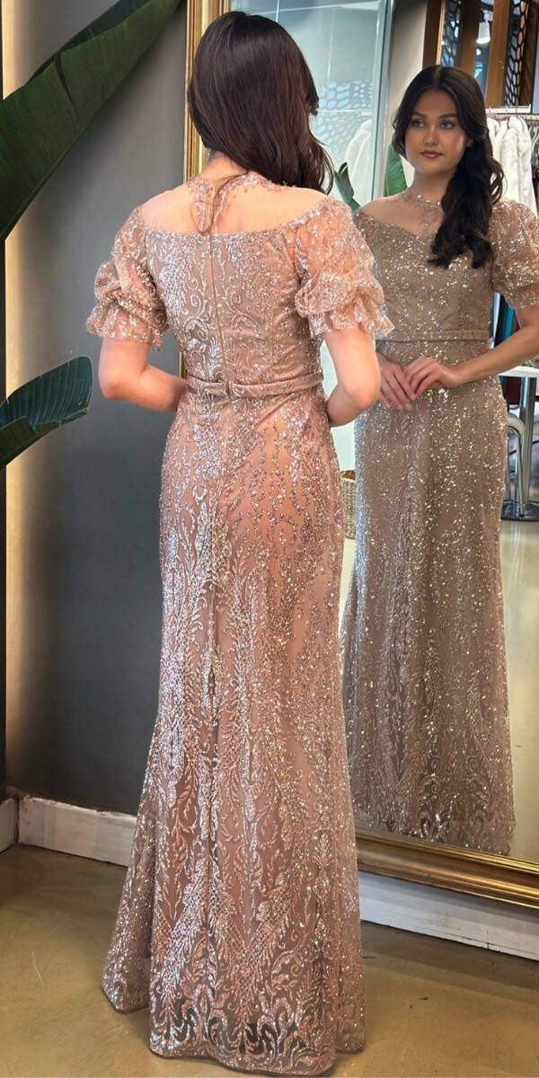 Bej Balon Kollu Dantel Detaylı Düz Kesim Simli Uzun Abiye Elbise 7278 - 5