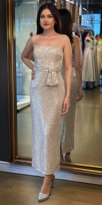 Bej Düz Kesim Payet Midi Abiye Elbise 7716 - 1