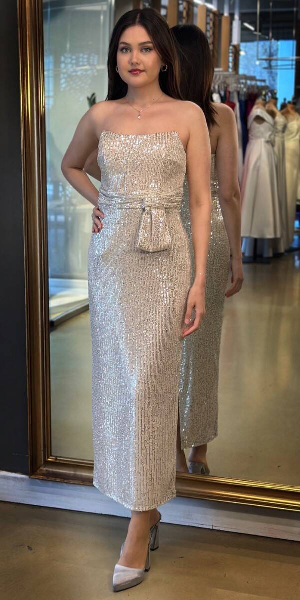 Bej Düz Kesim Payet Midi Abiye Elbise 7716 - 1