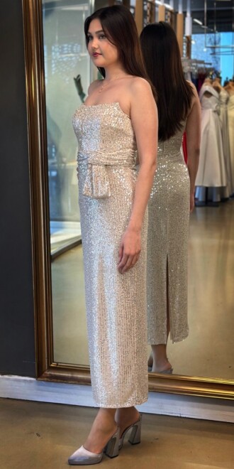 Bej Düz Kesim Payet Midi Abiye Elbise 7716 - 3