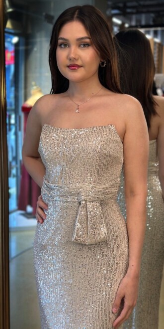 Bej Düz Kesim Payet Midi Abiye Elbise 7716 - 2