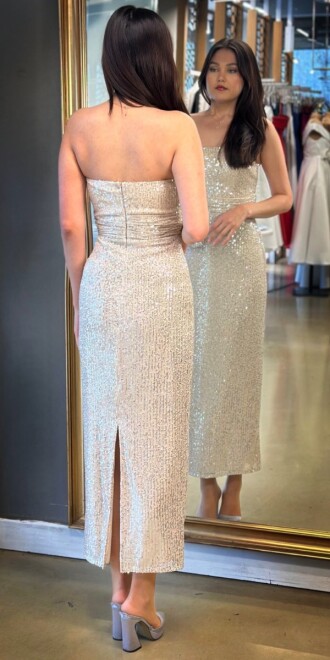 Bej Düz Kesim Payet Midi Abiye Elbise 7716 - 5