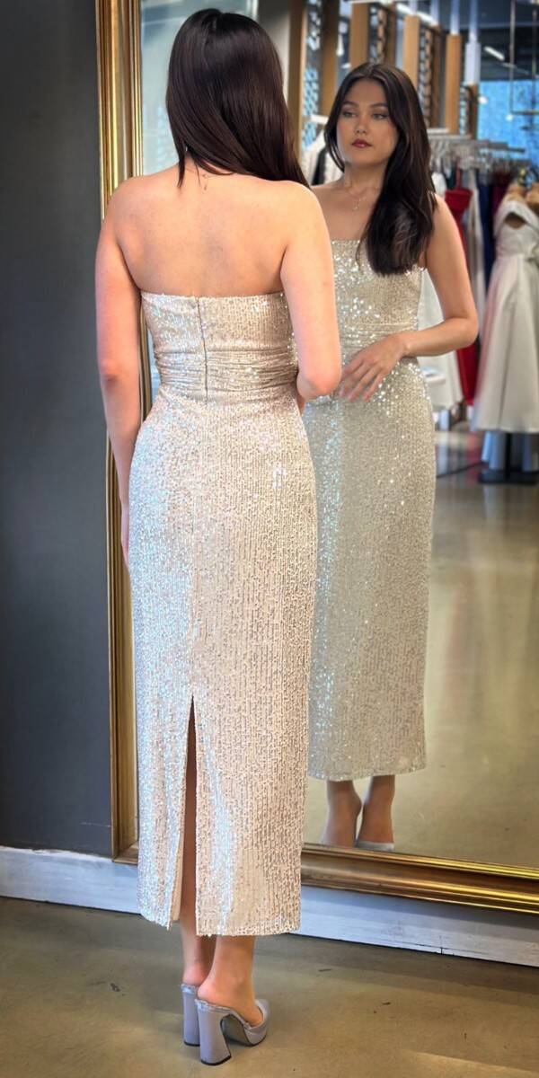 Bej Düz Kesim Payet Midi Abiye Elbise 7716 - 5