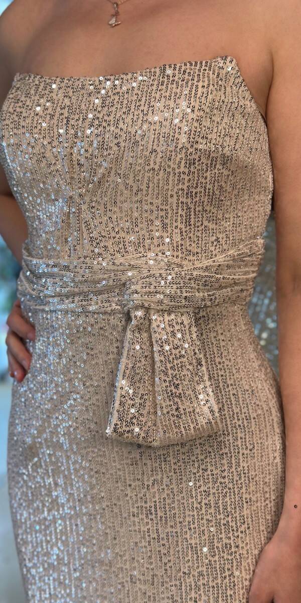 Bej Düz Kesim Payet Midi Abiye Elbise 7716 - 4