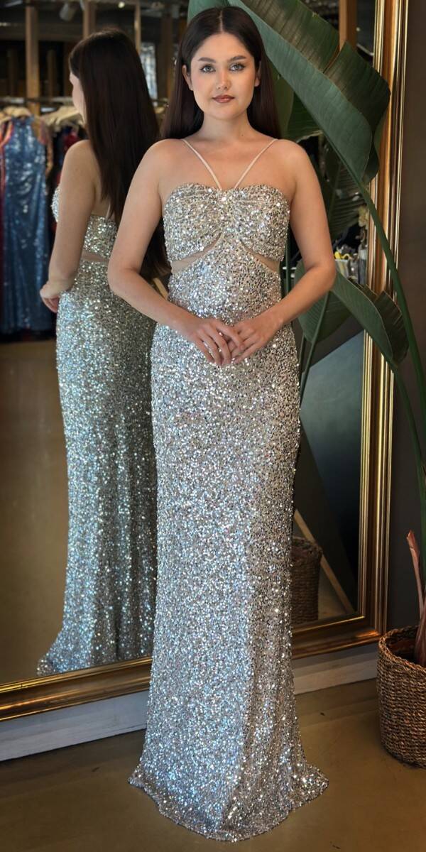 Bej İp Askılı Düz Kesim Payet Uzun Abiye Elbise 7702 - 1