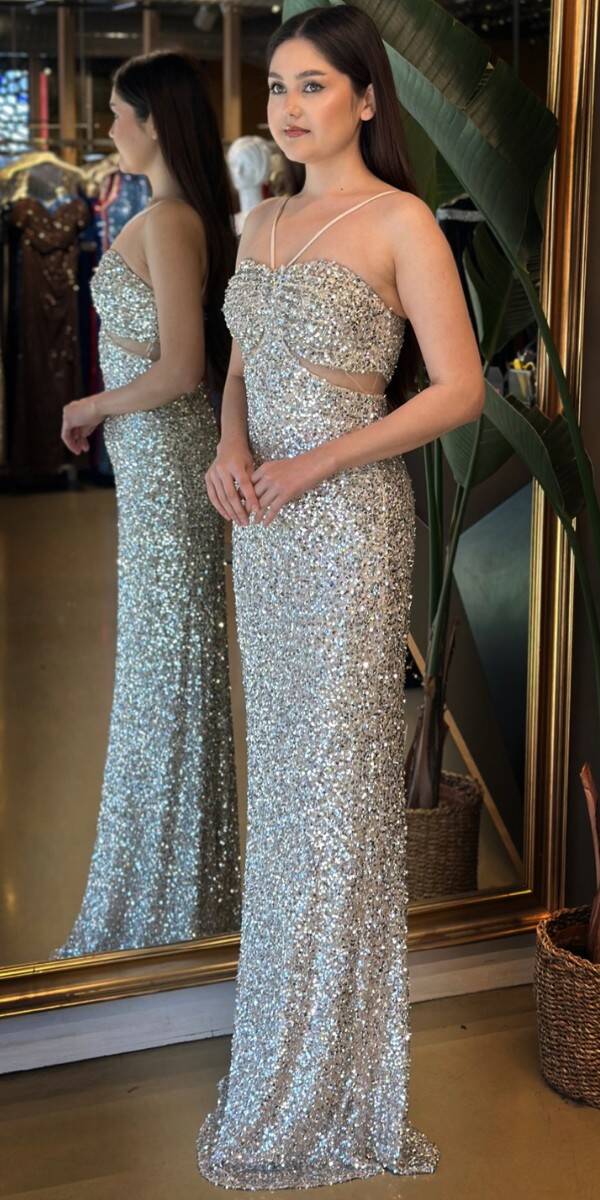 Bej İp Askılı Düz Kesim Payet Uzun Abiye Elbise 7702 - 3